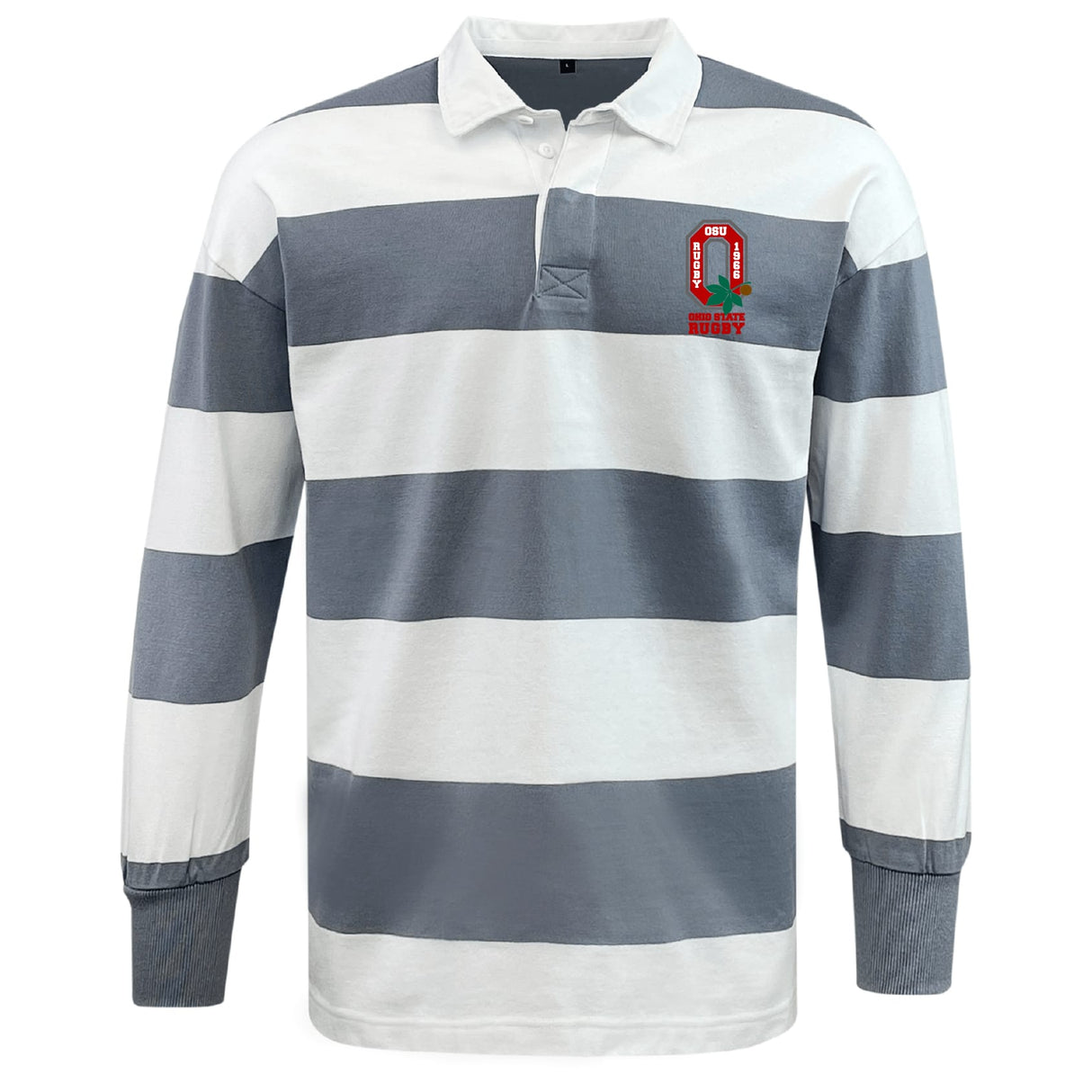 The EMB Mudoo Ohio State University Alumni Classic Long Sleeve Hooped Rugby Jersey features bold gray and white stripes, a white collar, and an embroidered chest patch for a vintage rugby look.