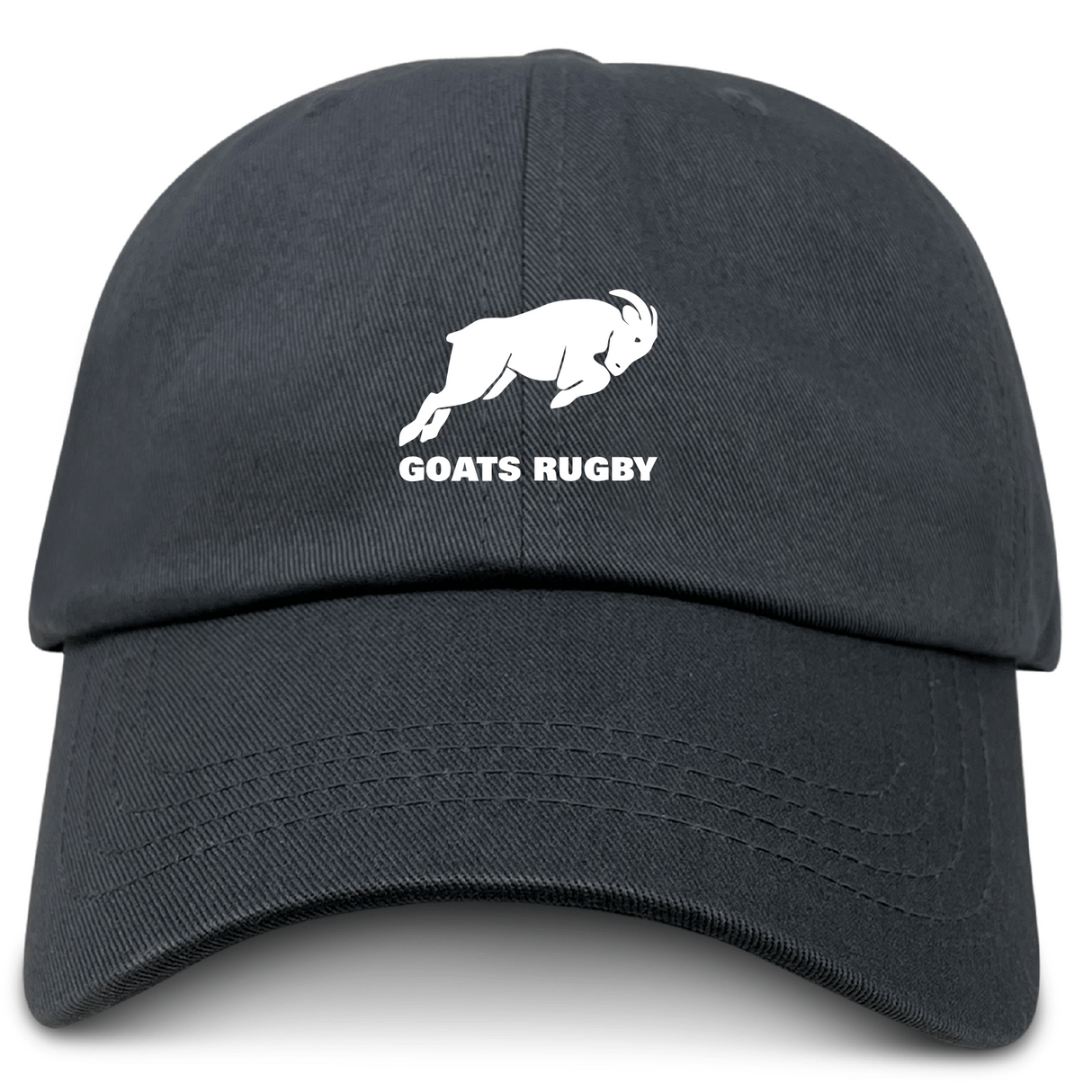 The Omaha GOATS Rugby Adult Low-Profile Cotton Twill Dad Cap by EMB S&S Activewear features a white leaping goat graphic and bold "GOATS RUGBY" branding on the classic black front panel.