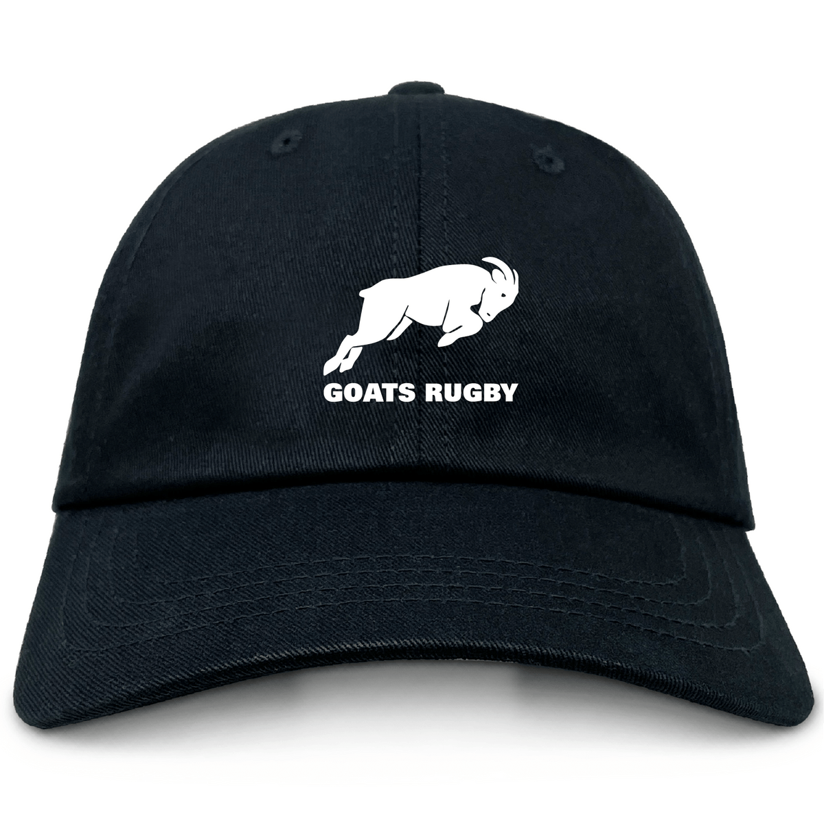 The Omaha GOATS Rugby Adult Low-Profile Cotton Twill Dad Cap by EMB S&S Activewear features a classic black design with a white charging goat graphic and bold "GOATS RUGBY" branding on the front.