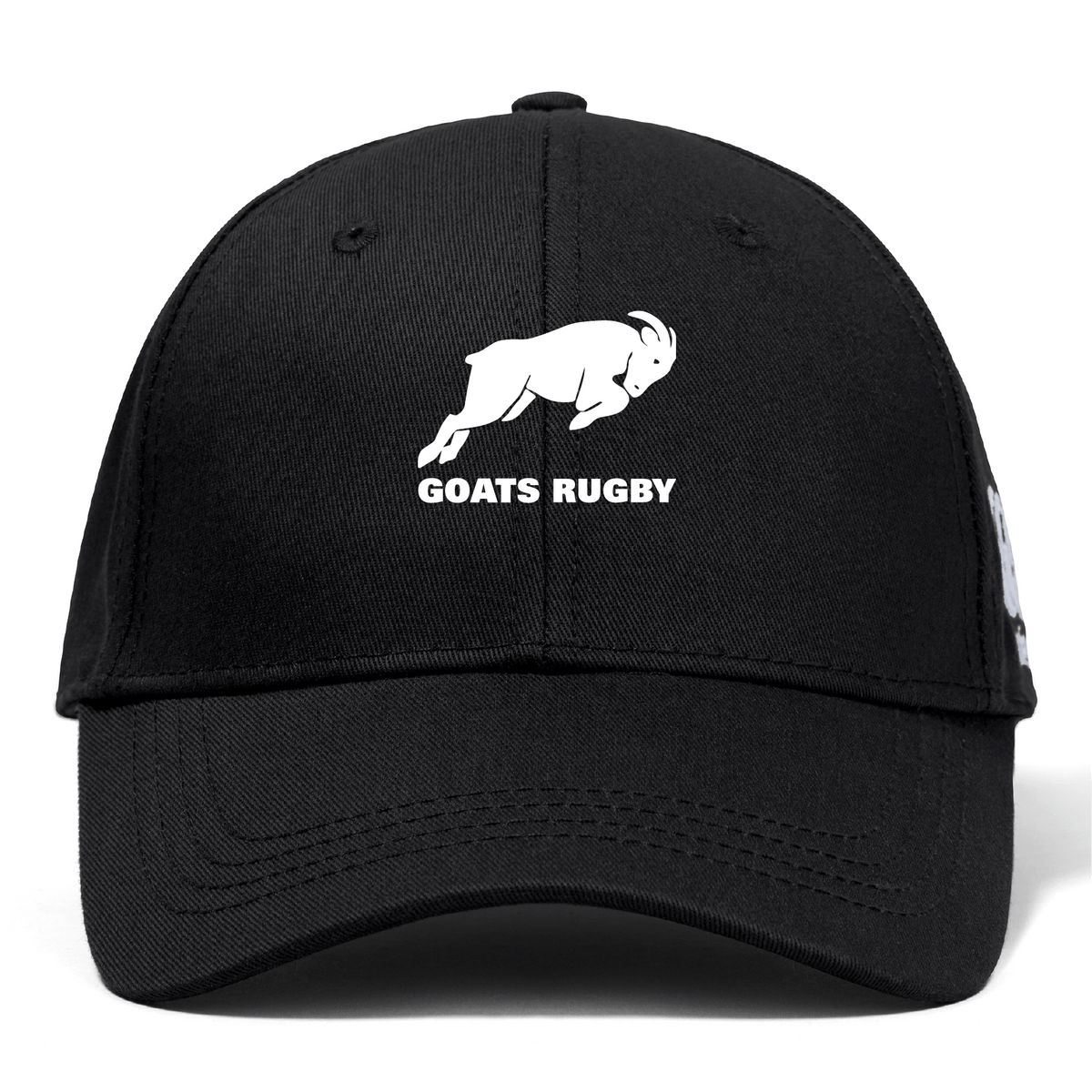 The Omaha GOATS Rugby Flexfit Drill Cap by Canterbury from EMB Canterbury is a premium quality black cap featuring a white goat logo and the text "GOATS RUGBY" on the front, offering both style and comfort.