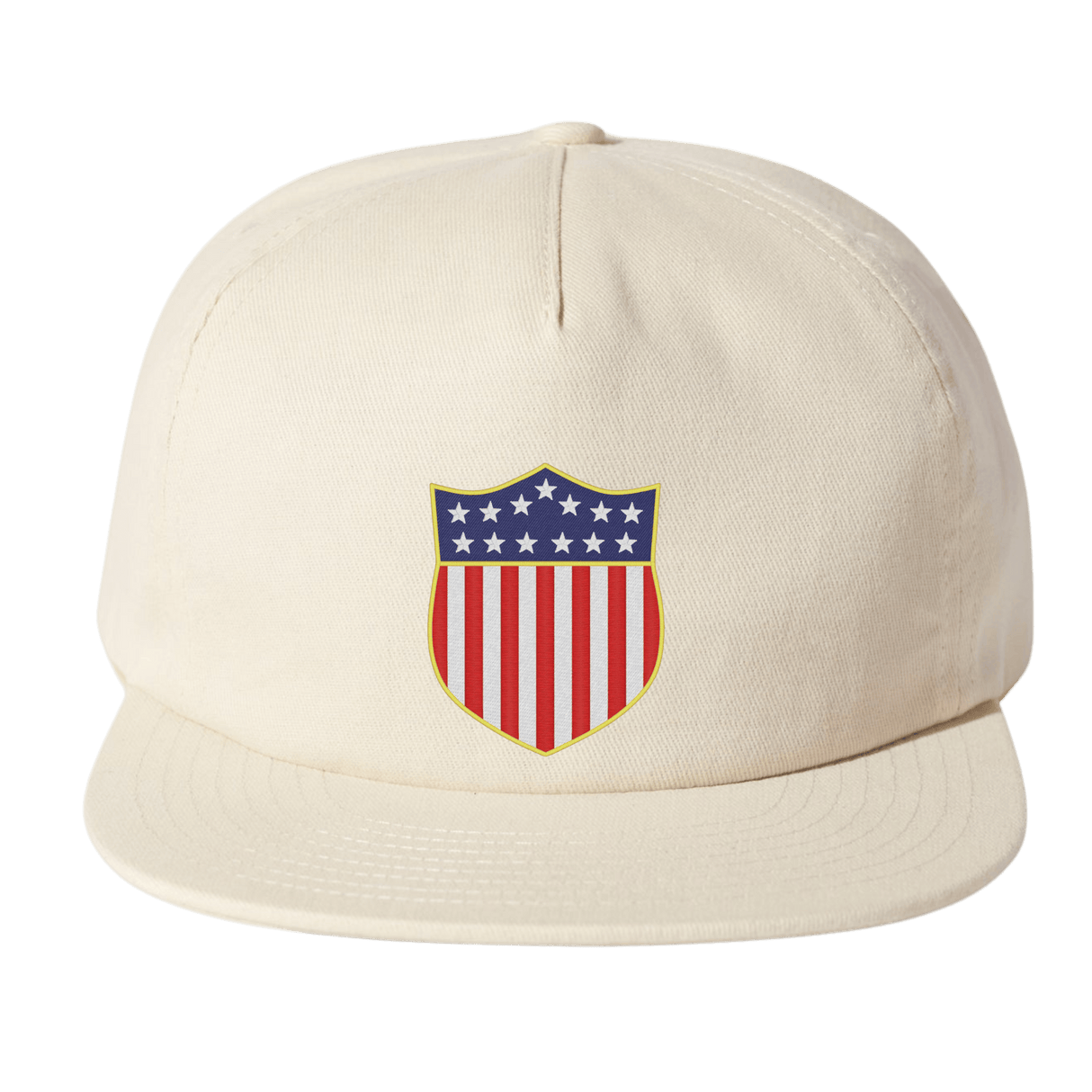 The EMB Weld USA Rugby Original Olympic Brushed Cotton Cap is cream-colored with a front shield emblem featuring the American flag—ideal for supporting USA Rugby or cheering at Olympic events.
