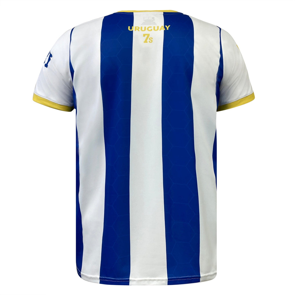 Back view of a white and blue vertically striped supporter jersey with "URUGUAY" and "7s" printed near the collar, perfect for fans of Uruguay Sevens Rugby. This is the Nations of Rugby Uruguay Rugby Sevens Flag Jersey by Admiral.