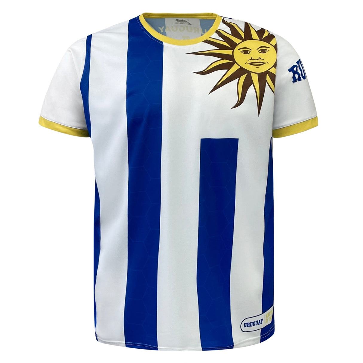 A Nations of Rugby Uruguay Rugby Sevens Flag Jersey by Admiral, white and blue striped with a sun graphic on the shoulder and "Uruguay" text on the collar, perfect for any Uruguay Sevens Rugby fan.