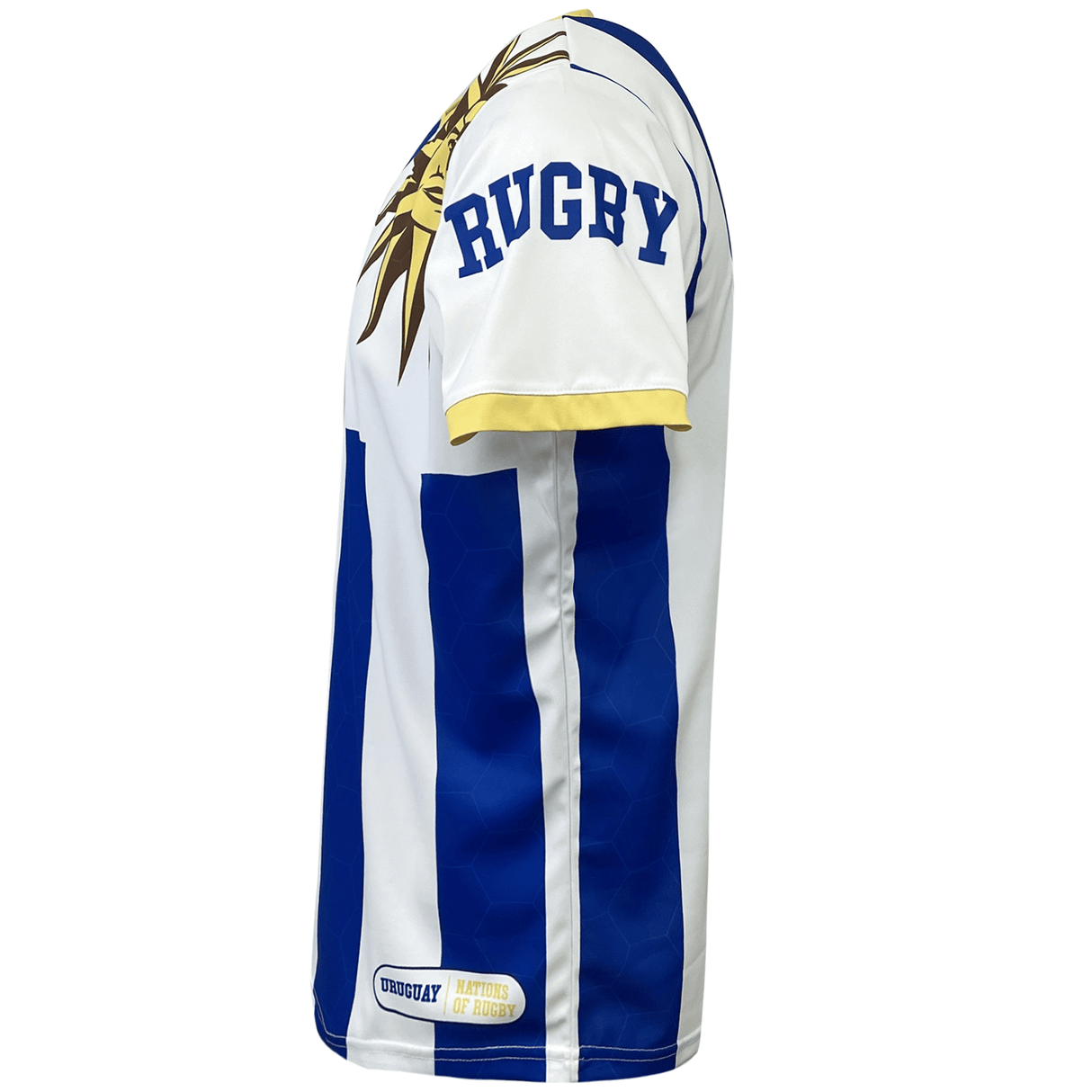 An Admiral Nations of Rugby Uruguay Rugby Sevens Flag Jersey featuring the word "Rugby" on the sleeve, blue and white stripes reminiscent of the Uruguay Sevens Rugby team, and a sun design on the shoulder.