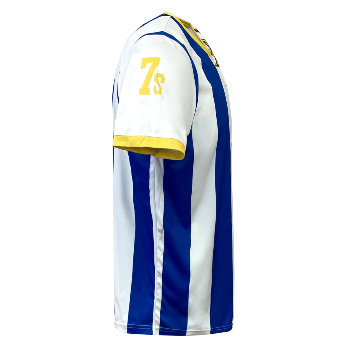 Side view of an Admiral Nations of Rugby Uruguay Rugby Sevens Flag Jersey with blue and white vertical stripes, yellow sleeve cuff, and the number "7S" printed in yellow on the sleeve, perfect for Uruguay Sevens Rugby fans.