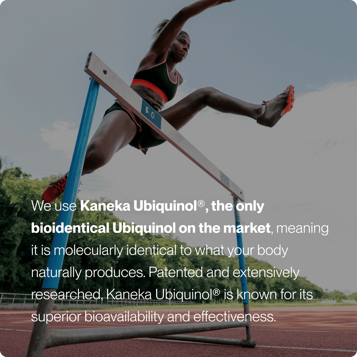 A female athlete jumps over a hurdle on a track, with text highlighting how Momentous Ubiquinol by Momentous supports mitochondrial function for enhanced energy and performance.