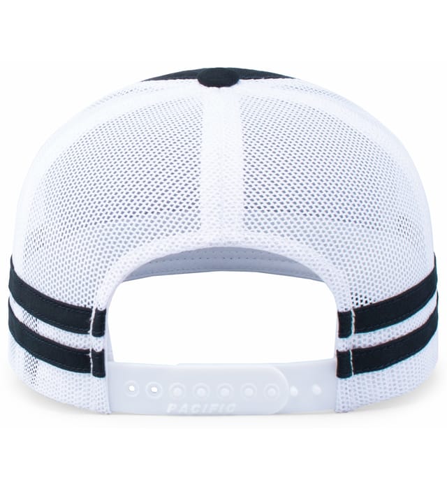 Back view of the WRS Low Profile Stripe Trucker Cap - Limited Edition by Augusta Sportswear, featuring white mesh, black stripes, and an adjustable plastic closure.