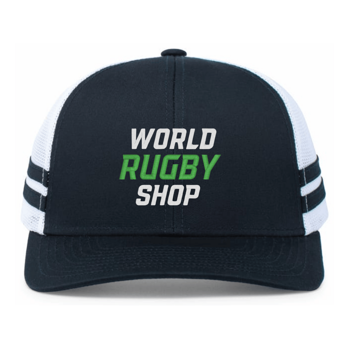 The Augusta Sportswear WRS Low Profile Stripe Trucker Cap - Limited Edition features black and white colors, two side stripes, and "World Rugby Shop" printed on the front.