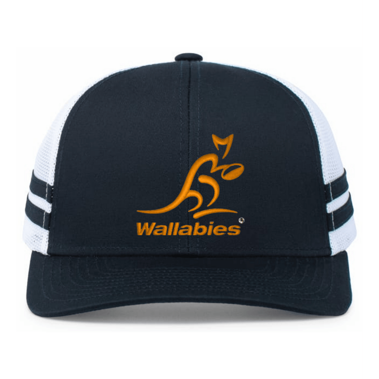The Australia Wallabies Low Profile Stripe Trucker Cap by Augusta Sportswear is a limited edition black and white rugby hat with an orange kangaroo logo and "Wallabies" on the front—perfect for fans.