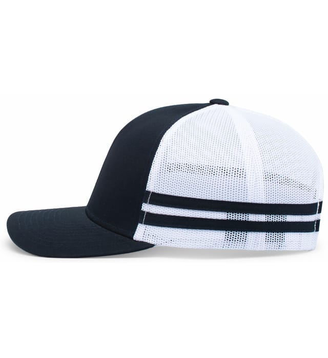 Side view of the WRS Low Profile Stripe Trucker Cap - Limited Edition by Augusta Sportswear, featuring black and white mesh with two black horizontal stripes on the back, available at World Rugby Shop.