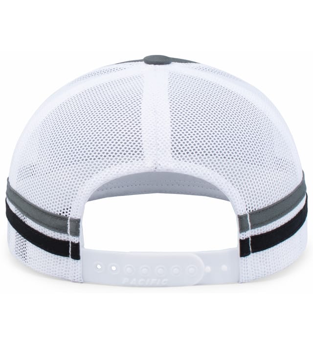 The Fiji Low Profile Stripe Trucker Cap - Limited Edition by Augusta Sportswear features a white mesh back, adjustable snapback strap, and two horizontal gray and black stripes.