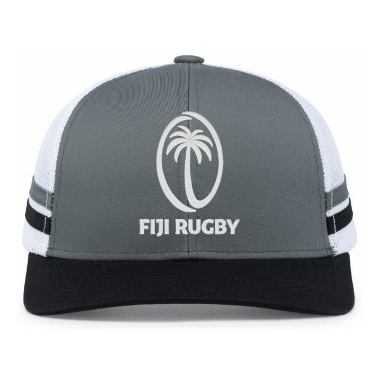 The Fiji Low Profile Stripe Trucker Cap - Limited Edition by Augusta Sportswear is a grey and black cap with a white mesh back, featuring a palm tree and official Fiji Rugby logo on the front.