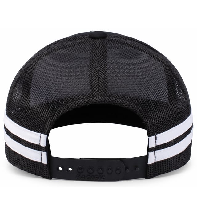 Back view of the WRS Low Profile Stripe Trucker Cap - Limited Edition by Augusta Sportswear, featuring black mesh, two white stripes, and an adjustable snapback closure.