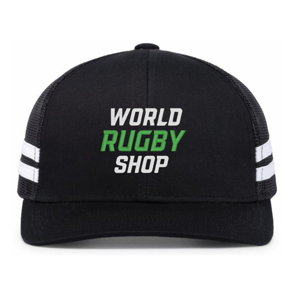 Show your rugby pride with the WRS Low Profile Stripe Trucker Cap - Limited Edition by Augusta Sportswear, featuring white side stripes and bold "WORLD RUGBY SHOP" in green and white on the front.