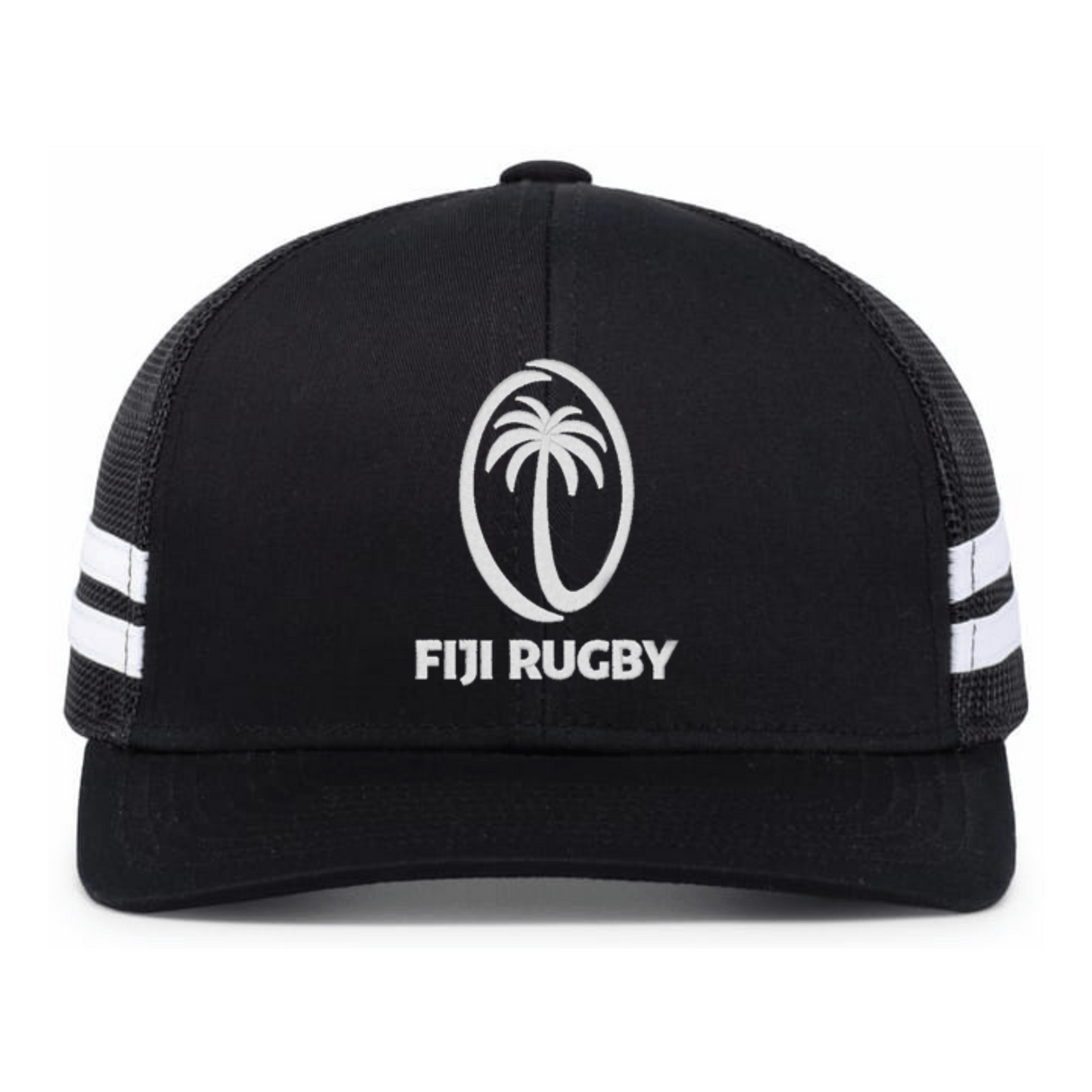 The Fiji Low Profile Stripe Trucker Cap - Limited Edition by Augusta Sportswear features black fabric, white side stripes, and an oval Fiji Rugby logo with a palm tree and "FIJI RUGBY" text on the front.