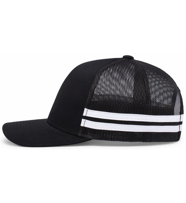 The WRS Low Profile Stripe Trucker Cap - Limited Edition by Augusta Sportswear features a black mesh design, solid front panel, curved brim, and two white side stripes—ideal for fans at World Rugby Shop.