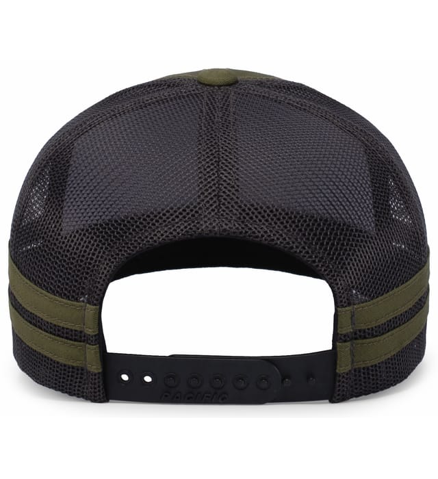 The back of the WRS Low Profile Stripe Trucker Cap by Augusta Sportswear features black mesh with green stripes and an adjustable plastic strap for a comfortable, low-profile fit. Limited Edition.