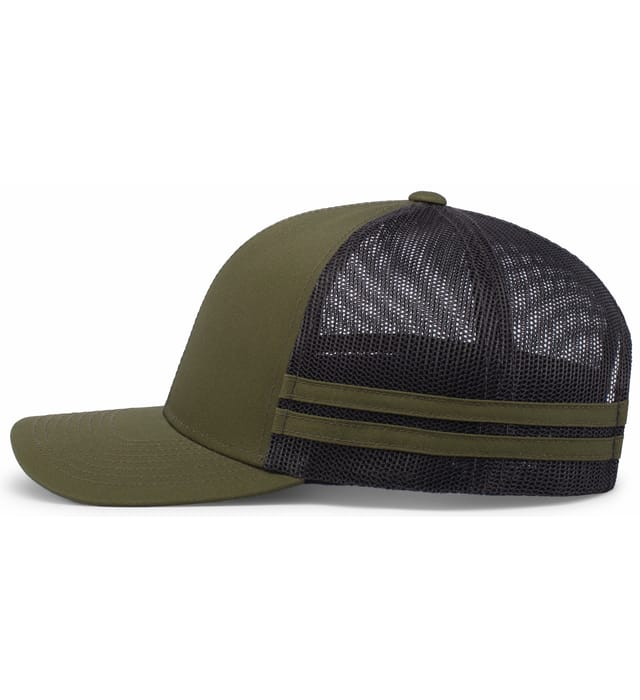 Side view of the WRS Low Profile Stripe Trucker Cap - Limited Edition by Augusta Sportswear in olive green, featuring a solid front, mesh back with two horizontal stripes. Available at World Rugby Shop.