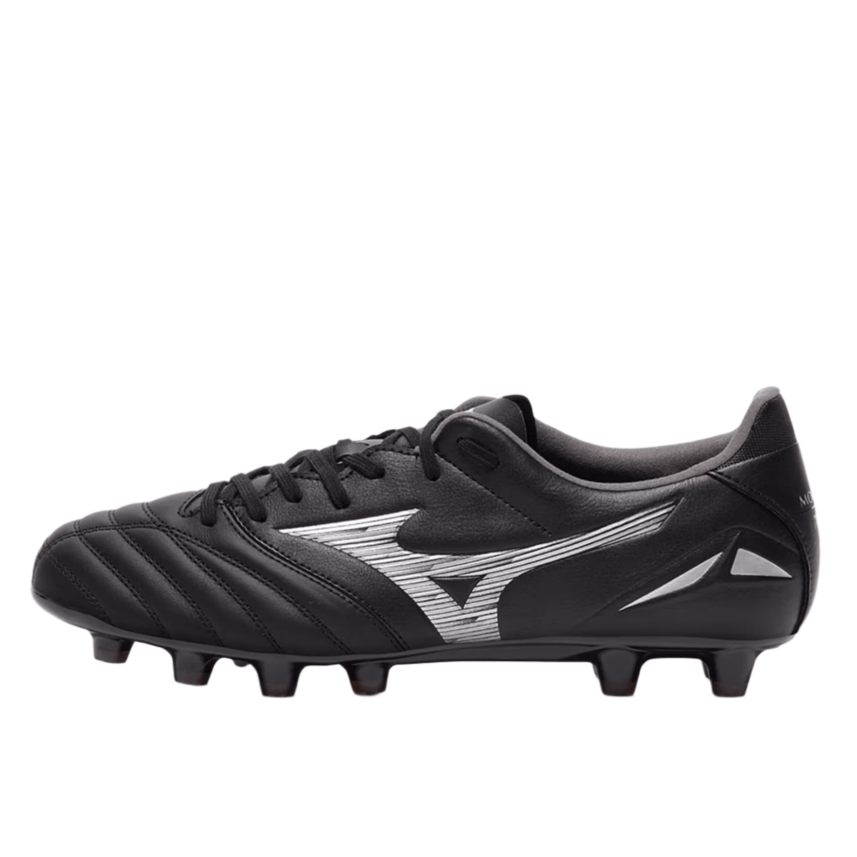 The Mizuno Morelia Neo IV Pro FG Rugby Boot in Black/Galaxy Silver features a white Mizuno logo, lace-up closure, and molded studs on a firm ground sole, shown from the side—crafted for players who want the signature barefoot feel of football boots.