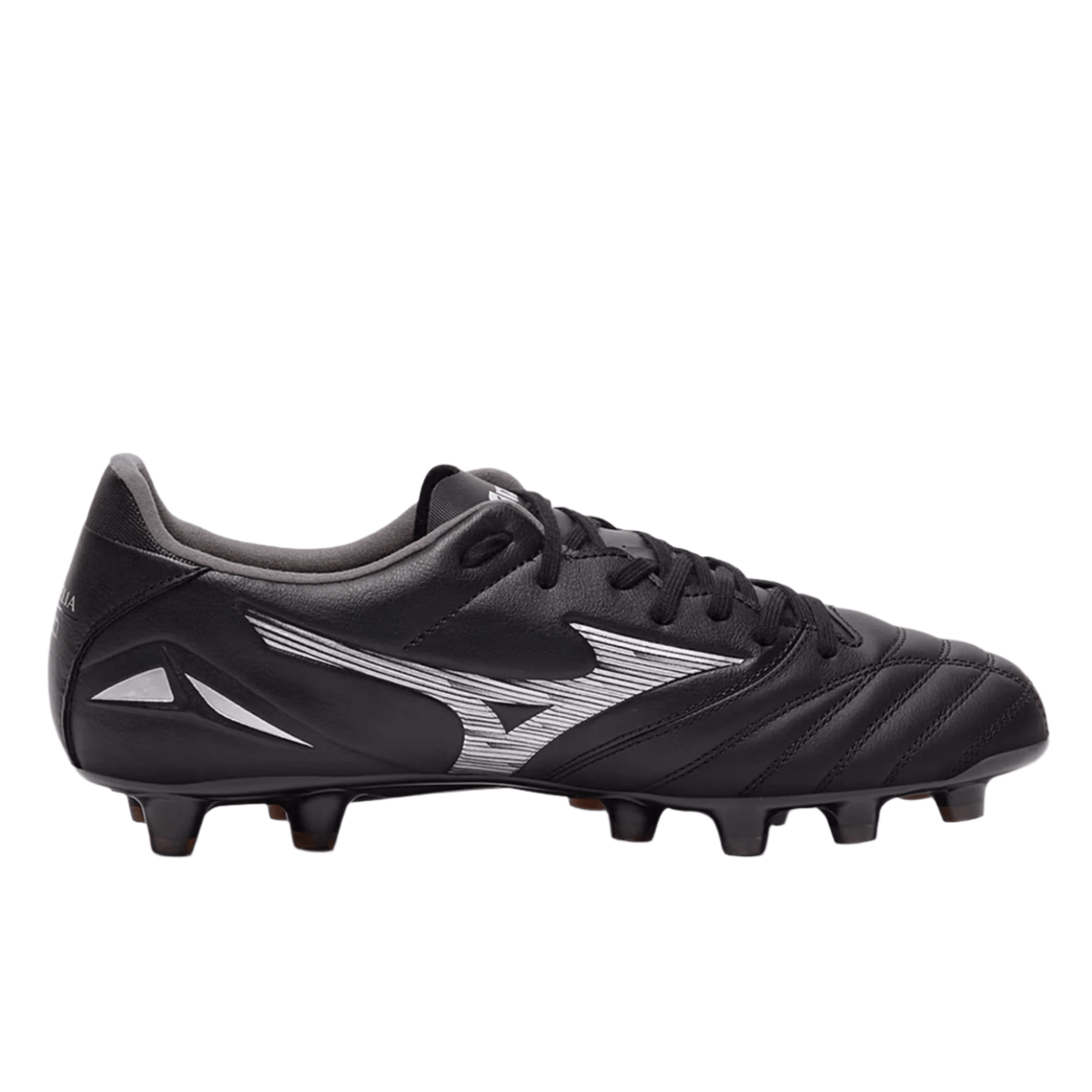 The Mizuno Morelia Neo IV Pro FG Rugby Boot in Black/Galaxy Silver features a lace-up design and molded studs on the sole. Shown in a side profile against a white background, these firm ground boots from Mizuno offer a barefoot feel for enhanced touch and control.