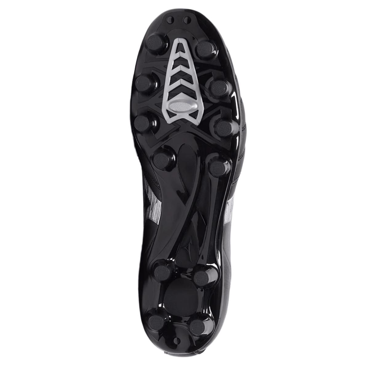 The Mizuno Morelia Neo IV Pro FG Rugby Boot by Mizuno is shown with a black sole viewed from the bottom, displaying eleven molded studs and a central Galaxy Silver accent—engineered for a barefoot feel and optimal firm ground performance.