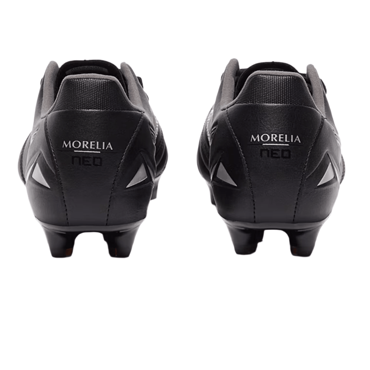 A pair of Mizuno Morelia Neo IV Pro FG Rugby Boots in Black/Galaxy Silver, designed for a barefoot feel, are shown from the back with “Morelia Neo” labeled on each heel. The Mizuno firm ground boots are positioned side by side against a white background.