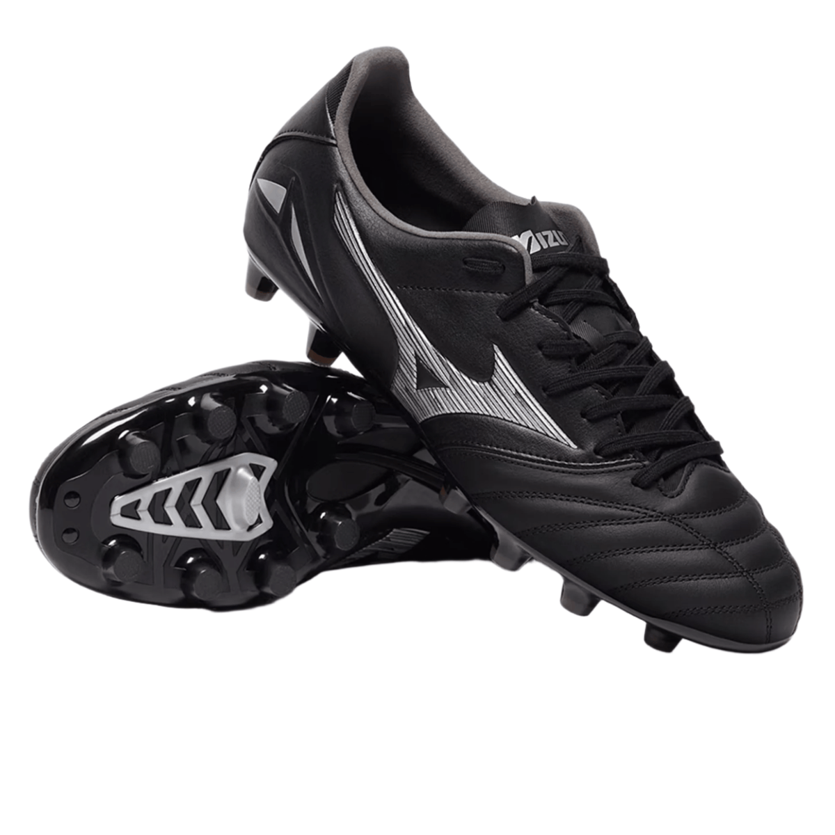 A pair of Mizuno Morelia Neo IV Pro FG Rugby Boots in Black/Galaxy Silver, with one boot upright and the other displaying the studded sole, set against a white background. Engineered for a barefoot feel, these Mizuno boots combine contemporary style with high-level performance for today’s players.