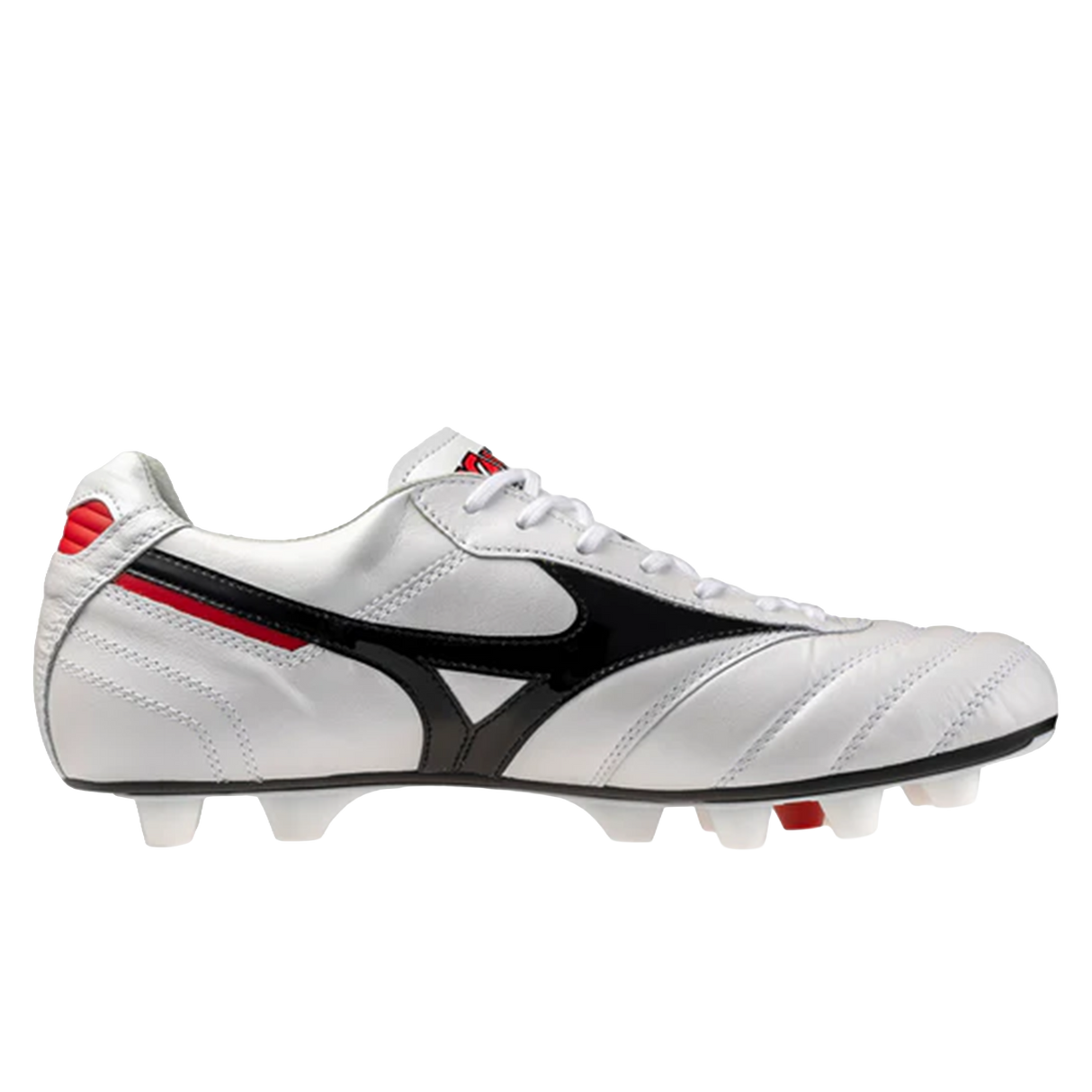The Mizuno Morelia II FG Made in Japan (White/Black/Red) soccer cleats feature premium kangaroo leather, white laces, black and red accents, molded studs, and are displayed on a plain background.