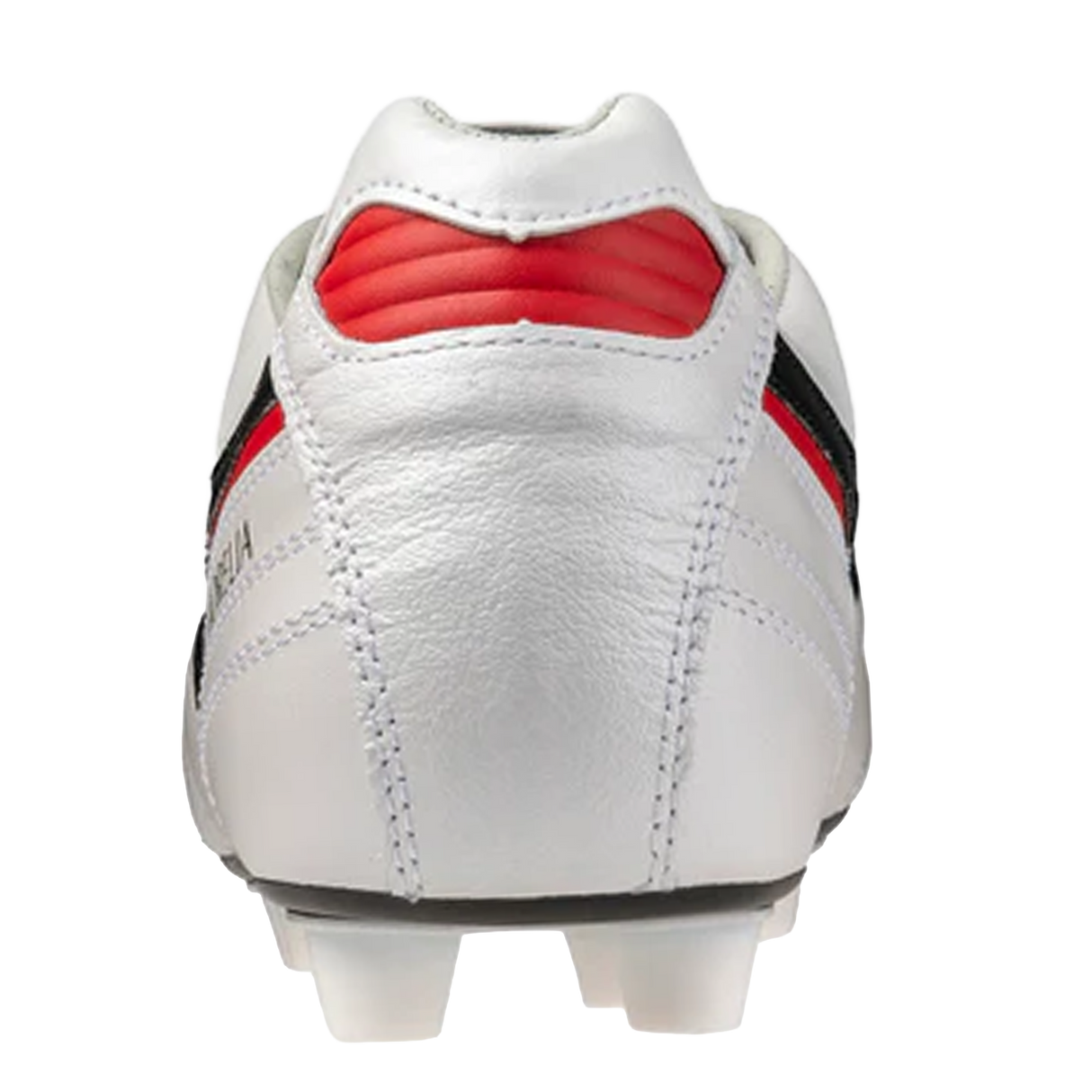Rear view of the Mizuno Morelia II FG Made in Japan soccer cleat in white/black/red, featuring fine stitching, molded studs, and premium kangaroo leather—expertly crafted by Mizuno.