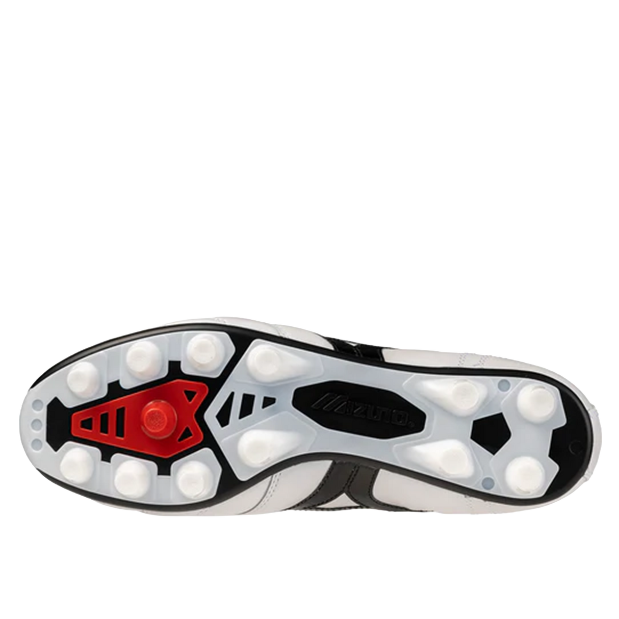 The sole of the Mizuno Morelia II FG Made in Japan - White/Black/Red features white studs, a red heel section, and black-and-white detailing—premium kangaroo leather football boots by Mizuno.