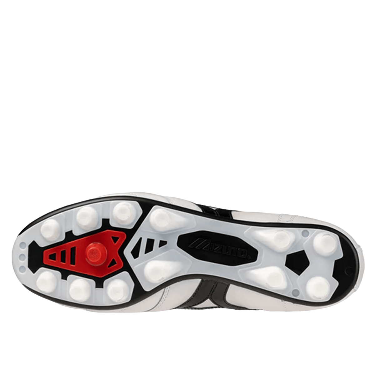 Bottom view of the Mizuno Morelia II FG Made in Japan Rugby Boot in White/Black/Red, showcasing white studs, a red heel accent, and the Mizuno logo on the textured sole. Expertly crafted from premium Made in Japan kangaroo leather for superior comfort and performance.