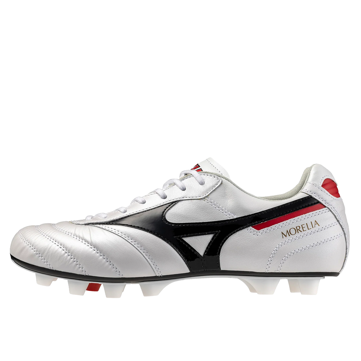 The Mizuno Morelia II FG Made in Japan soccer cleat in White/Black/Red features premium kangaroo leather, black and red details, molded studs, and a lace-up design—all displayed on a plain white background.