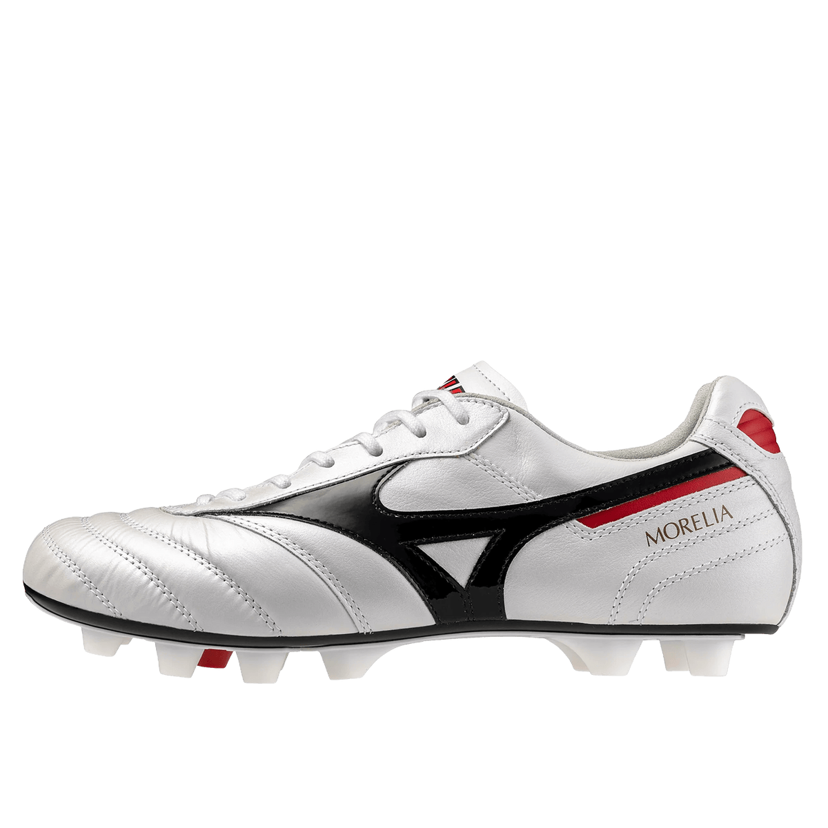 Crafted from premium kangaroo leather and proudly Made in Japan, the Mizuno Morelia II FG Made in Japan Rugby Boot by Mizuno features a white upper with black and red accents, molded studs, and “MORELIA” printed on the side, showcased against a plain background.