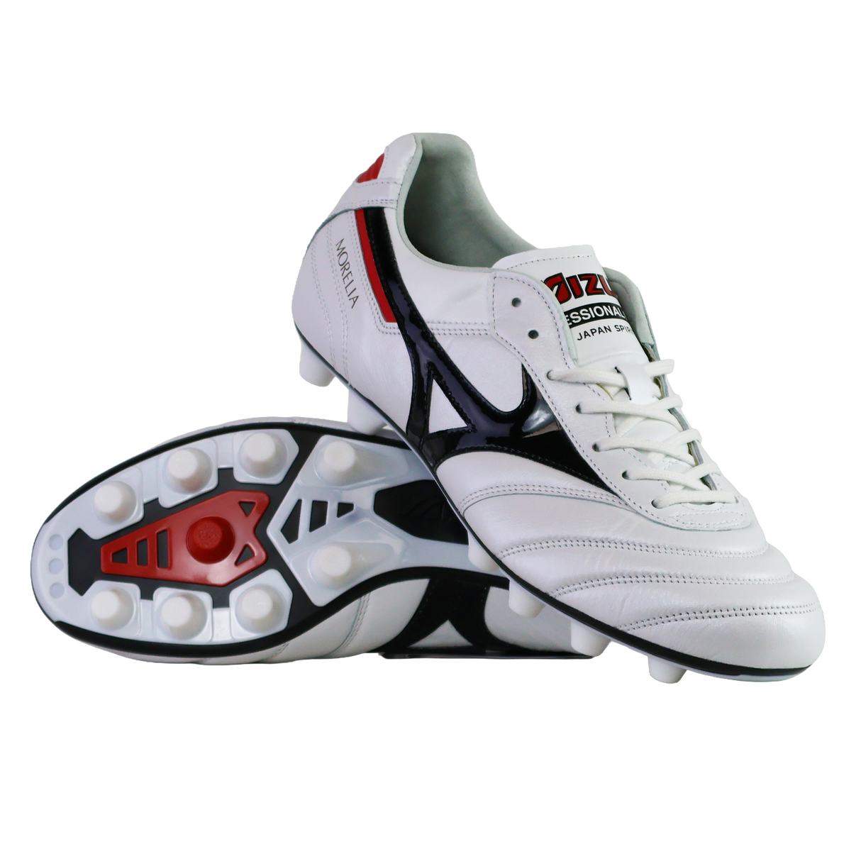 A pair of Mizuno Morelia II FG Made in Japan soccer cleats in white/black/red, premium kangaroo leather, with one upright and the other showing the sole's stud pattern. Brand: Mizuno.