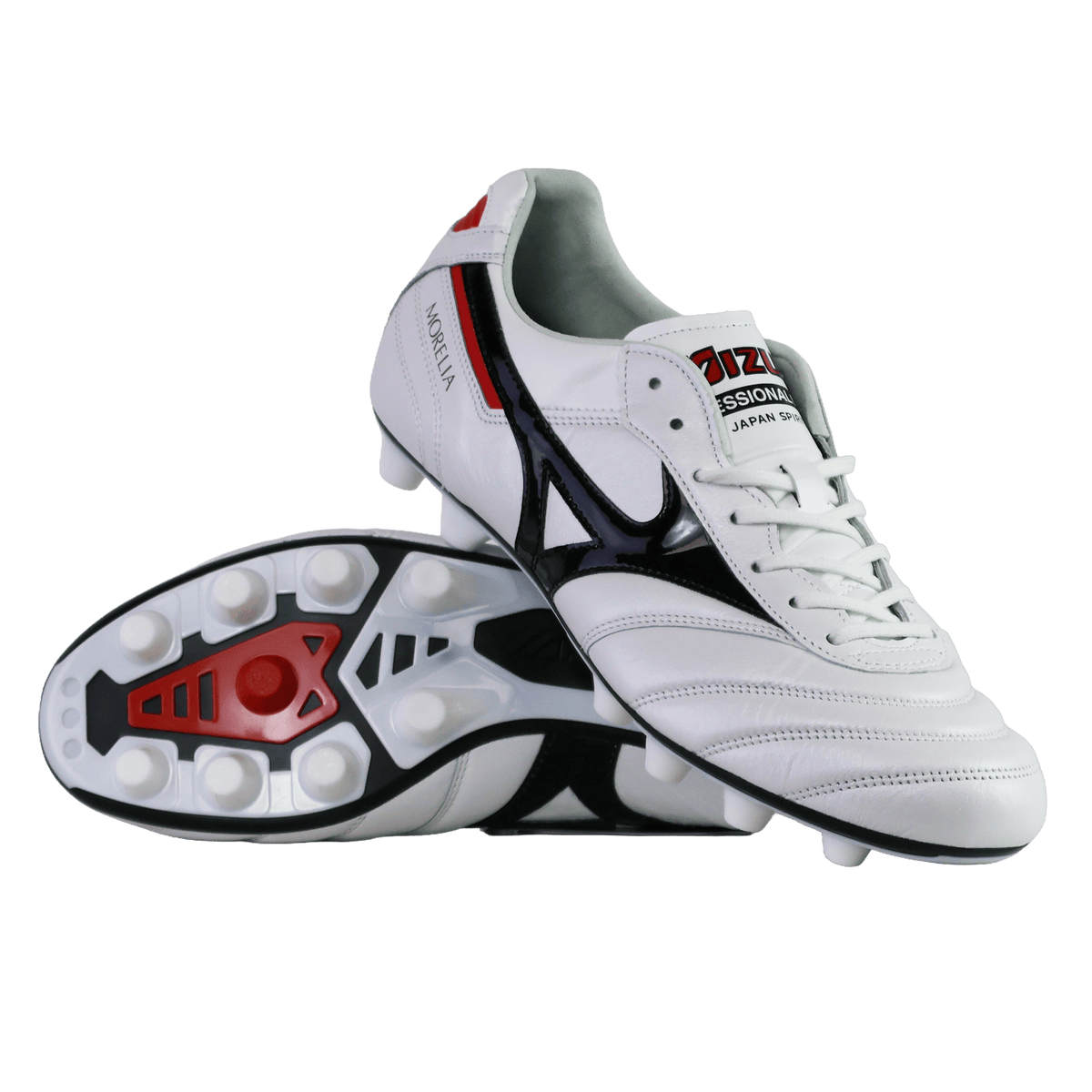 A pair of Mizuno Morelia II FG Made in Japan Rugby Boots in white with black and red accents, featuring one boot upright and the other on its side to display the studded sole. Expertly crafted from premium kangaroo leather, these Mizuno boots deliver outstanding style and high-performance quality, all proudly made in Japan.