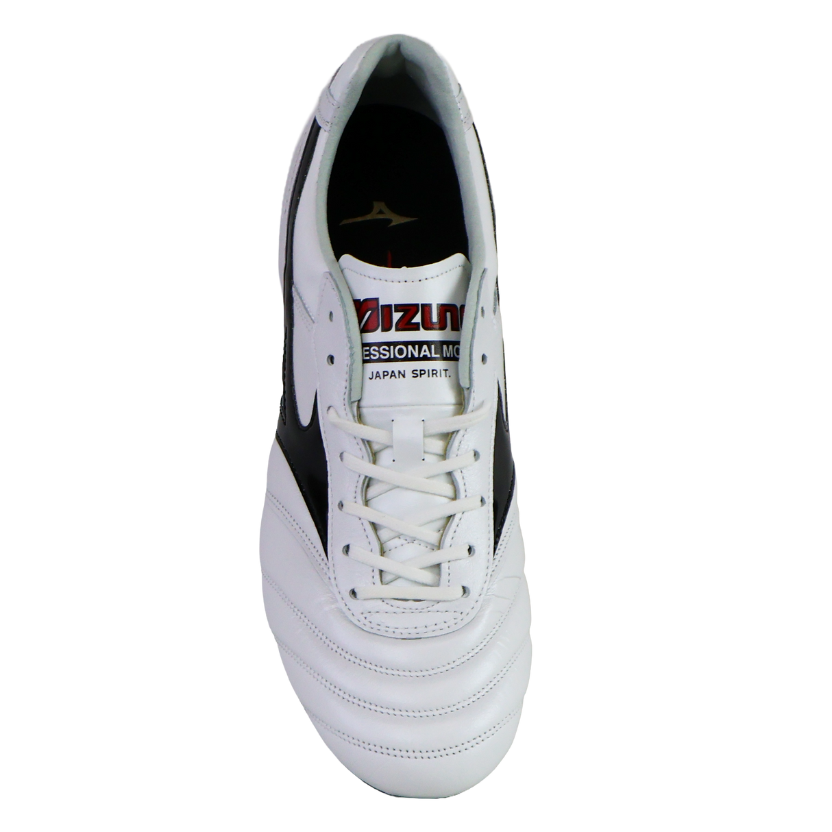 The Mizuno Morelia II FG Made in Japan soccer cleat in White/Black/Red, crafted from premium kangaroo leather, features visible laces, tongue, and branded insole when viewed from above.