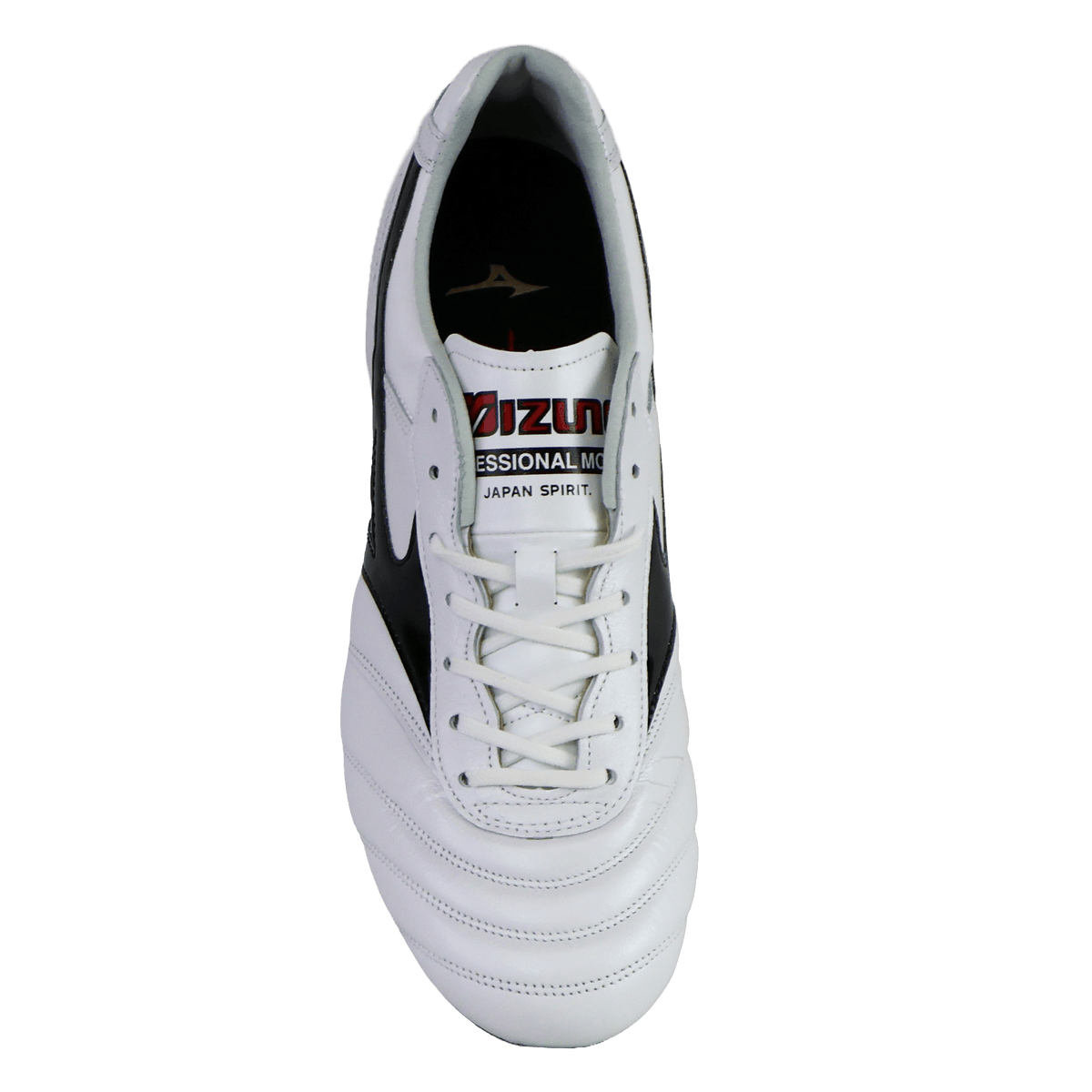 The Mizuno Morelia II FG Made in Japan Rugby Boot in White/Black/Red, expertly crafted from premium kangaroo leather and made in Japan, is displayed from a top-down perspective against a plain white background.