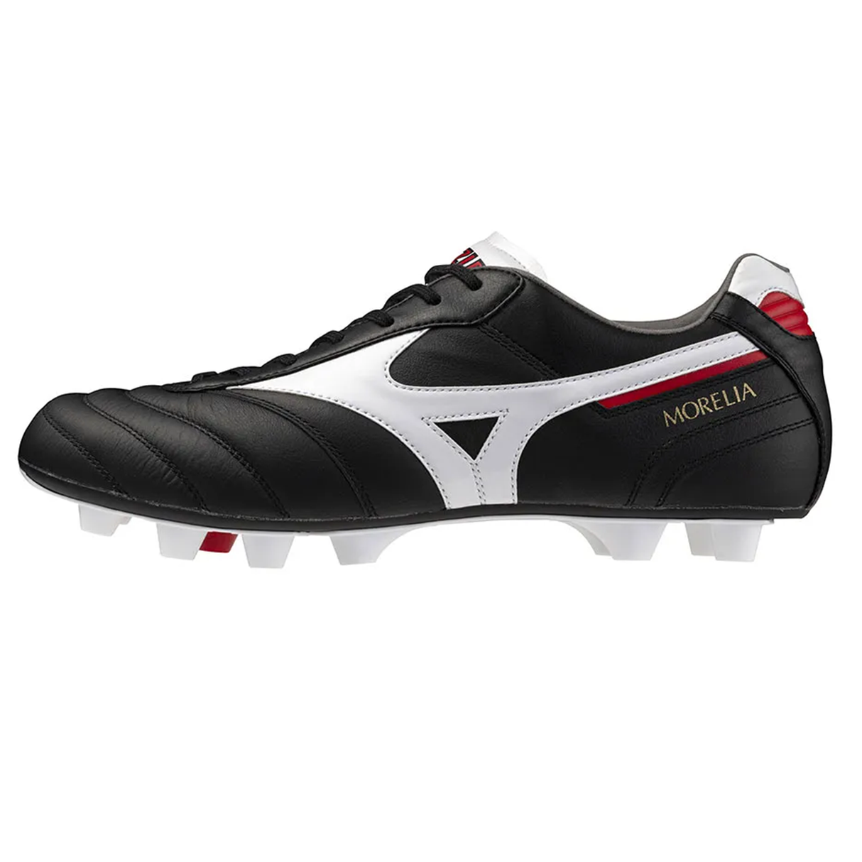 The Mizuno Morelia II Elite FG - Black/White/Red is a black K-leather football boot with white accents, red heel and tongue details, and white studs—designed by Mizuno for firm ground performance.
