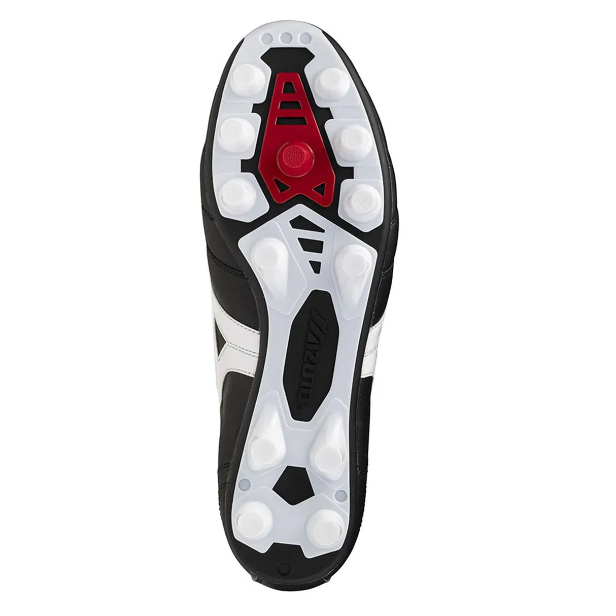 Bottom view of the Mizuno Morelia II Elite FG - Black/White/Red, a classic K-leather firm ground boot by Mizuno, with molded white studs and a striking red accent at the center of the sole.