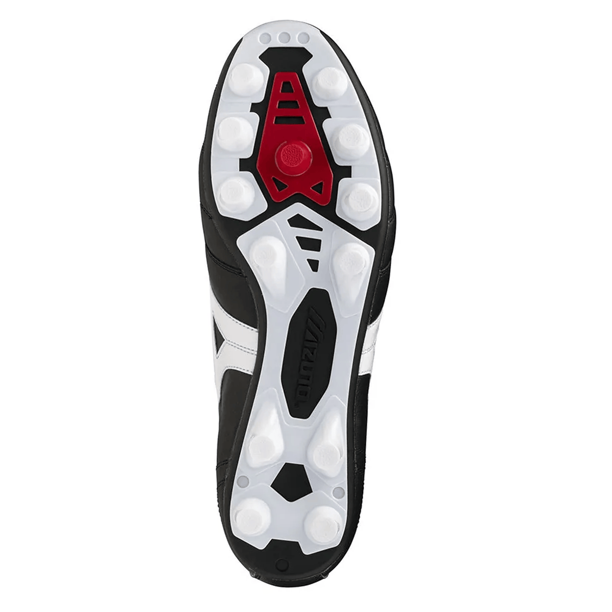 Bottom view of the Mizuno Morelia II Elite FG Rugby Boot in Black/White/Red, highlighting its firm ground stud configuration with contrasting white studs and a bold red accent at the center of the K-leather sole.
