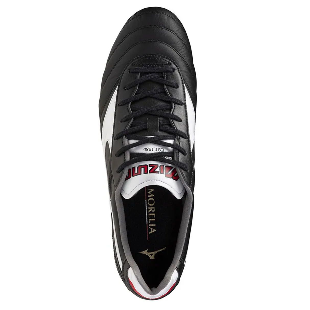 The Mizuno Morelia II Elite FG - Black/White/Red is a classic K-leather soccer shoe for firm ground, shown from above with visible laces, tongue, and Mizuno branding on the insole and tongue.