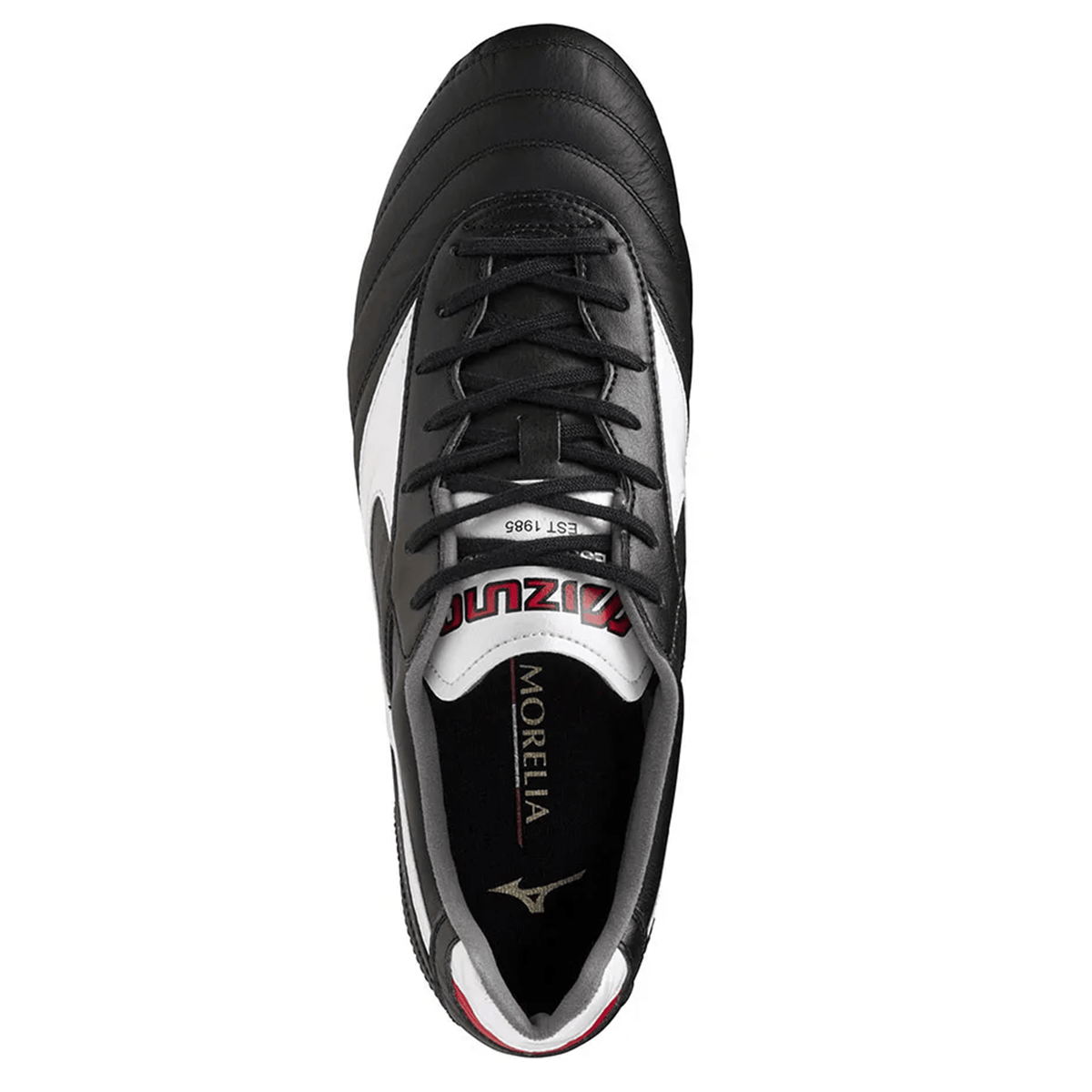 Top view of the Mizuno Morelia II Elite FG Rugby Boot in Black/White/Red, featuring visible laces, branded tongue, and stitched detailing on the premium K-leather upper—ideal for players seeking a classic firm ground rugby boot.