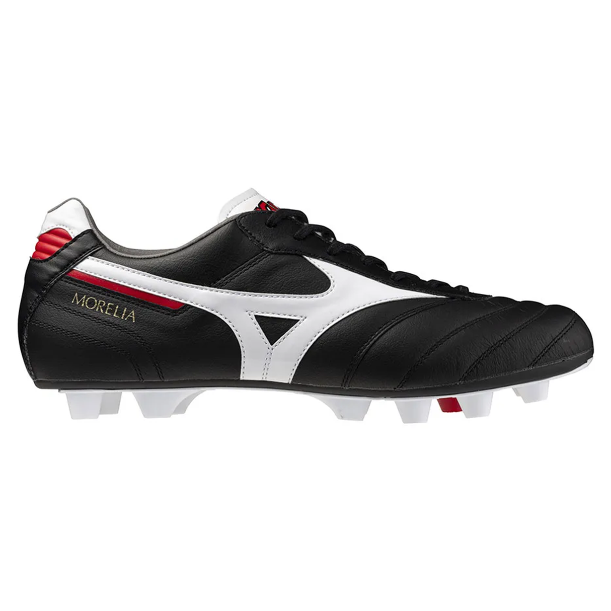 The Mizuno Morelia II Elite FG - Black/White/Red features premium K-leather, molded studs for firm ground traction, red accents, and "Morelia" in gold on the side—a classic black and white soccer cleat by Mizuno.