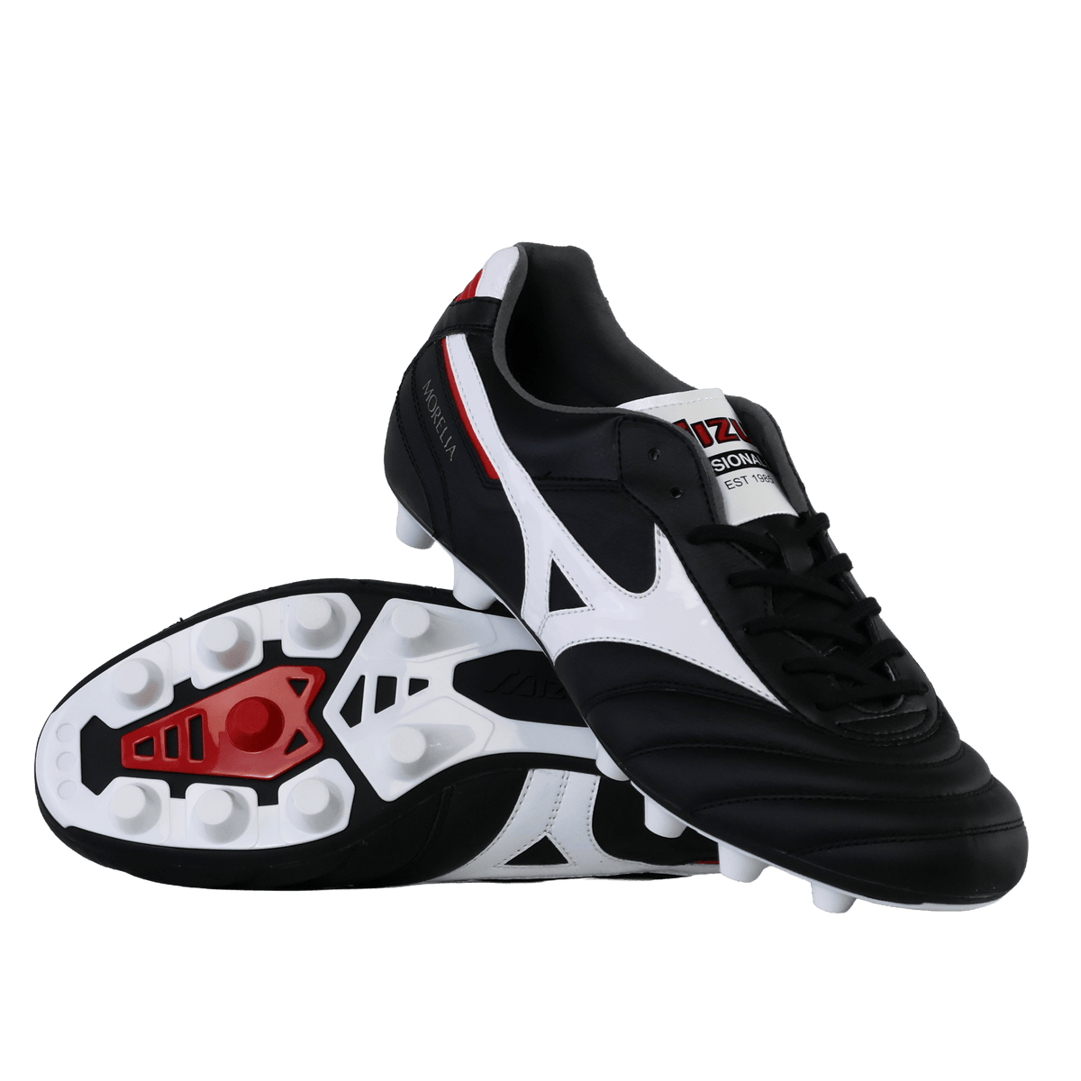 A pair of Mizuno Morelia II Elite FG Rugby Boots in black, white, and red is displayed on a white background, with one boot upright and the other showing the sole and studs.