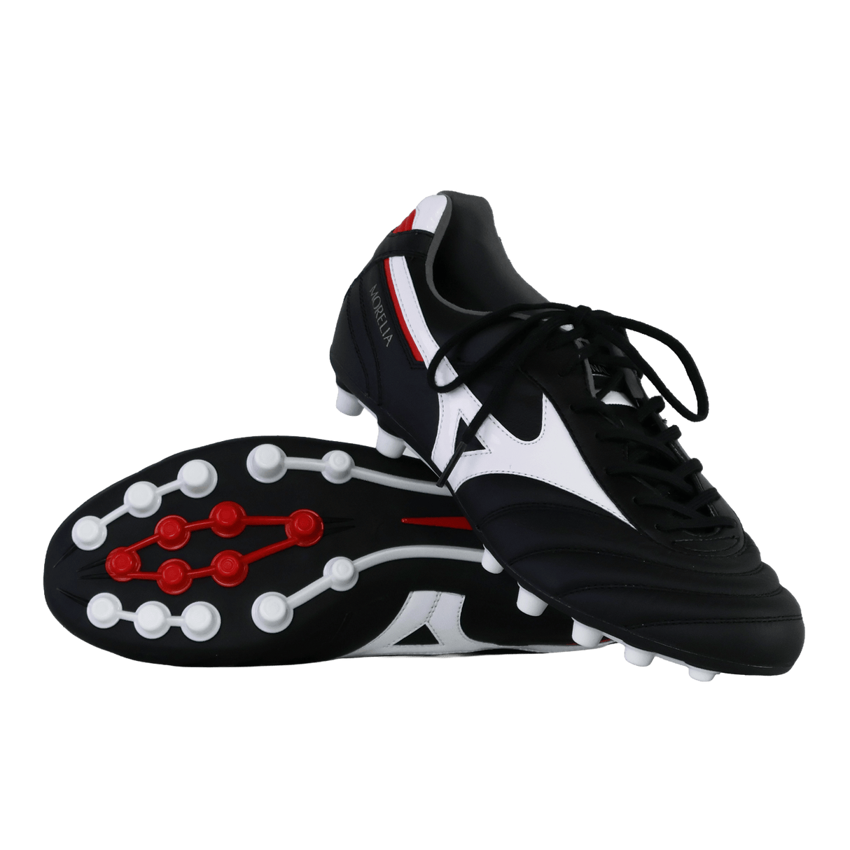A pair of Mizuno Morelia II Elite AG soccer cleats in black, white, and red—one upright and one showing its sole with white studs—crafted by Mizuno for elite performance.