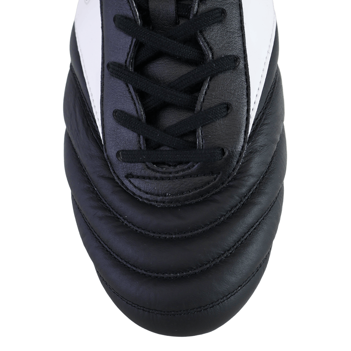 Close-up of the toe and laces on the Mizuno Morelia II Elite AG rugby boot in Black/White/Red, showcasing stitched detailing and premium kangaroo leather by Mizuno.
