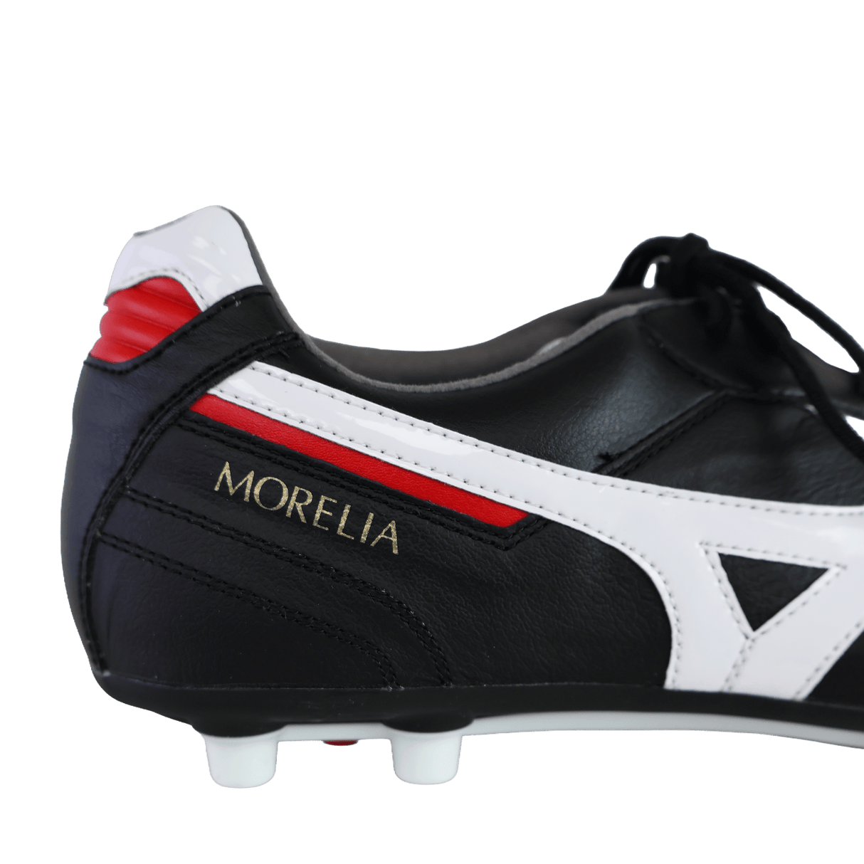 A close-up side view of the Mizuno Morelia II Elite AG rugby boot in black, white, and red with white studs, premium kangaroo leather, and “MORELIA” in gold.
