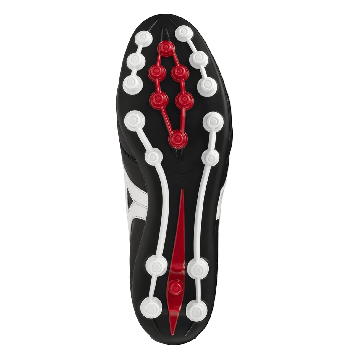 The Mizuno Morelia II Elite AG in Black/White/Red features a molded stud pattern for traction and a premium kangaroo leather upper.