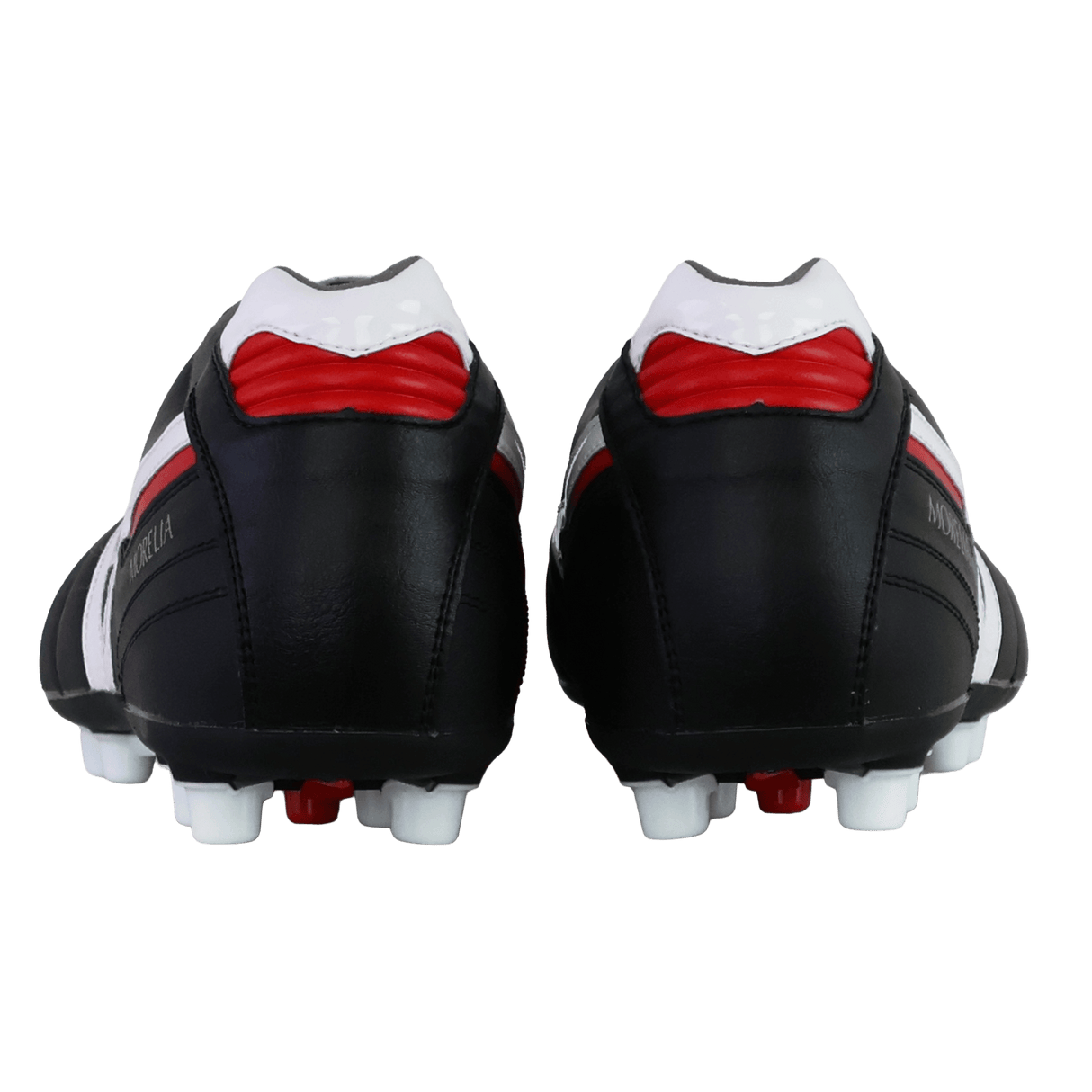 The Mizuno Morelia II Elite AG soccer cleats in black, white, and red feature heel detailing and studs seen from the back, crafted from premium kangaroo leather.