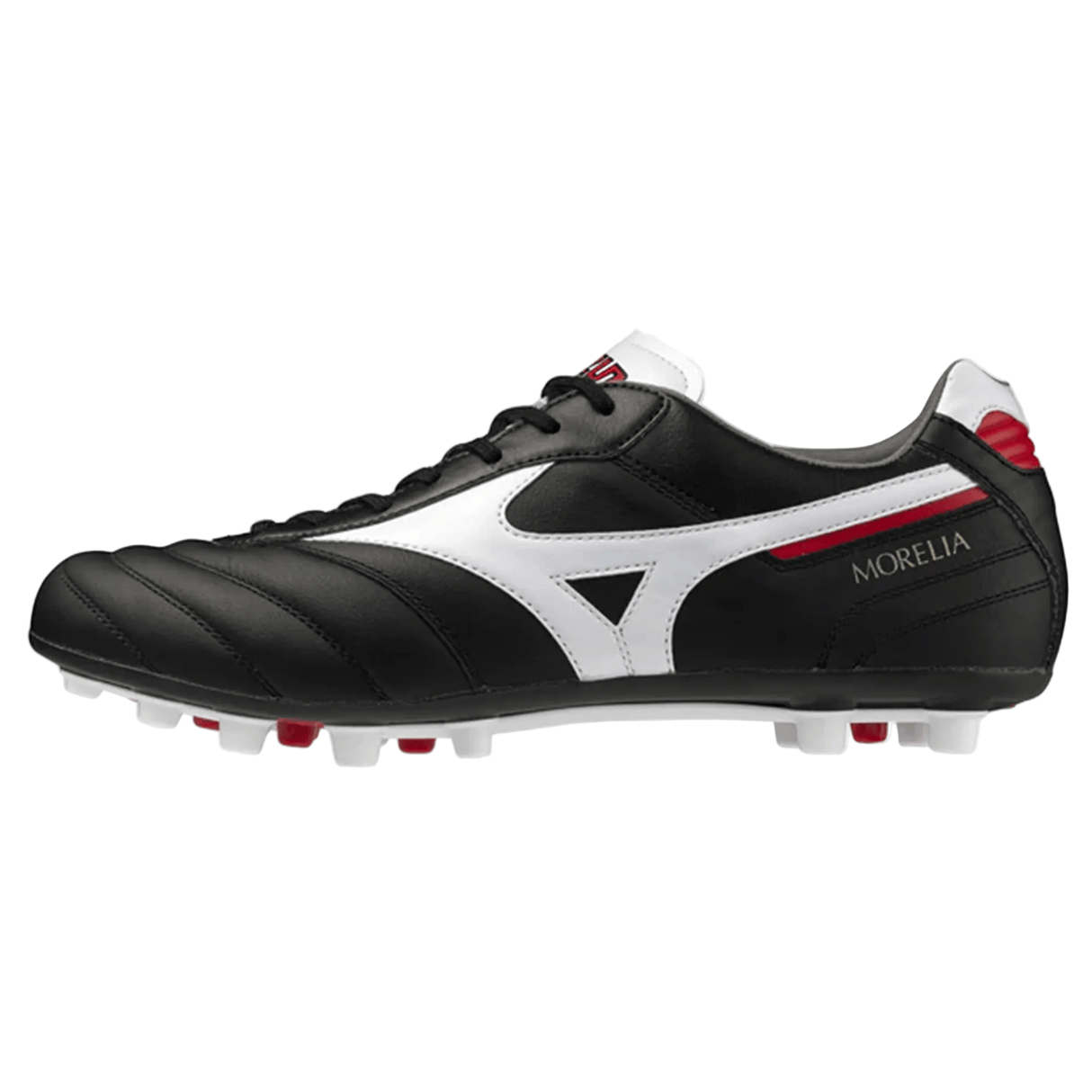 The Mizuno Morelia II Elite AG in Black/White/Red features premium kangaroo leather, white studs, red and white accents, and “MORELIA” in gold on the side.